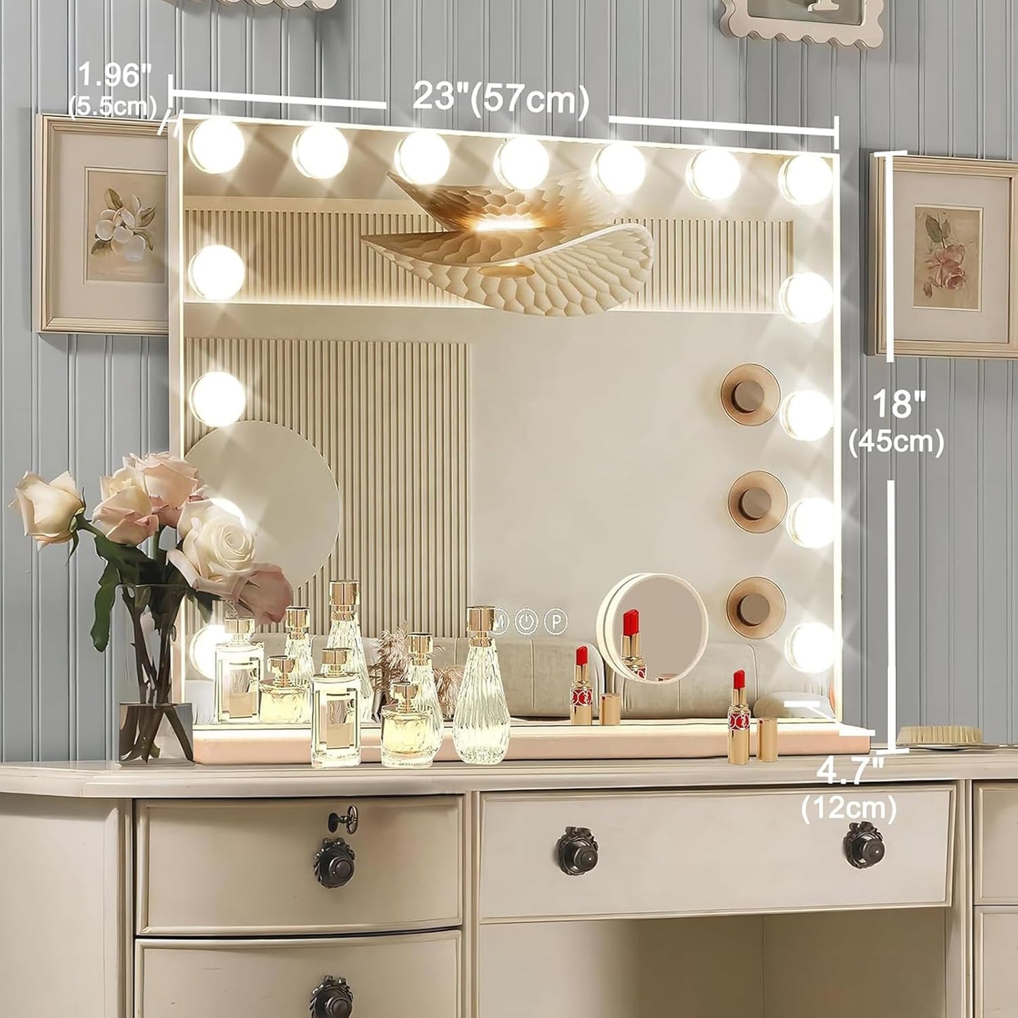 Hollywood Vanity Mirror with Lights, 15 Dimmable Bulbs, 3 Color Lights,Make Up Lighted Mirror, Aluminum Metal Frame, USB Charging Port(23" x 18")