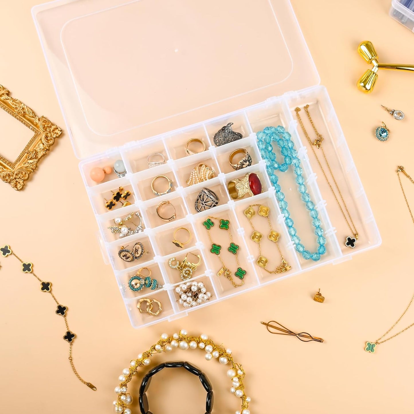 Plastic Organizer Container Box,36 Large Grids Clear Plastic Organizer Box with Adjustable Dividers Craft Organizers (Clear-4pack-144 Grids)