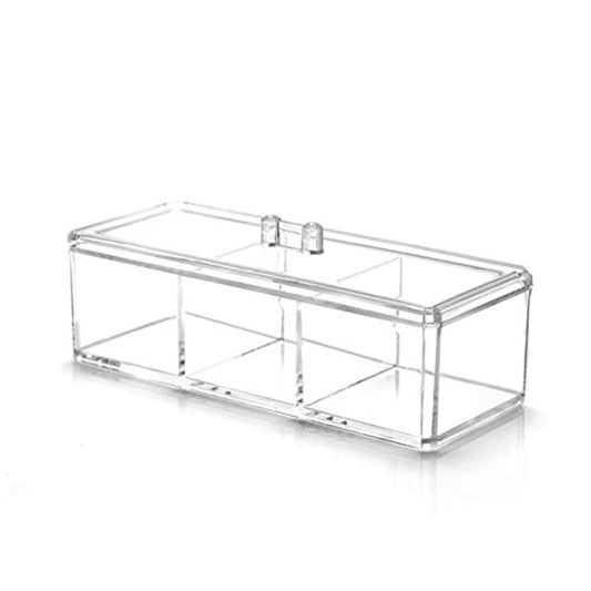 Square Acrylic Cotton Ball Pads Gauze Swab Holder Organizer Q-tip Dispenser Storage Canister Bathroom Container Flossers Box Case (9.3x3.7x3 in, 1 Tier, 3 Partitions, Transparent)