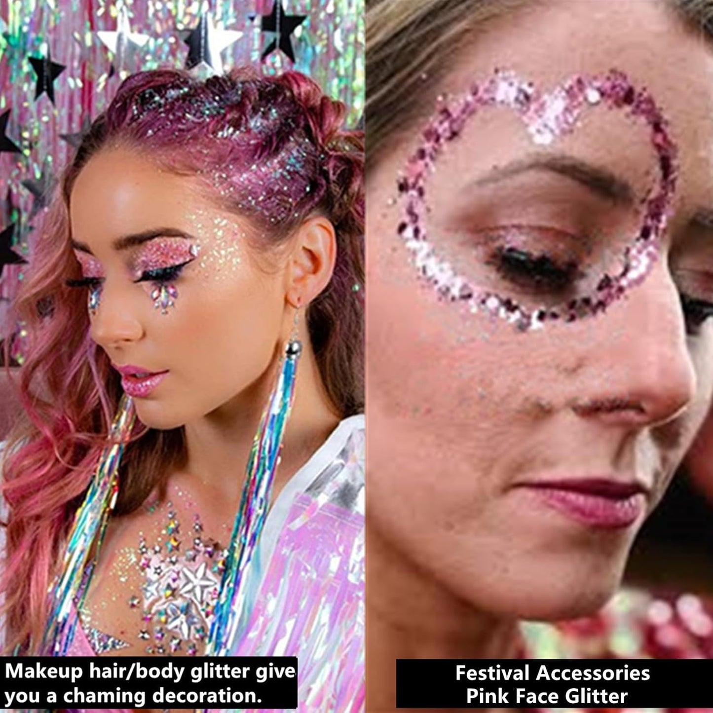Go Ho Pink and White Body Glitter Set,Singer Concerts Face Glitter Gel Makeup,Holographic Long Lasting Chunky Sequins Glitters for Eye Lip Hair Nails,Festival Rave Accessories,White&Pink