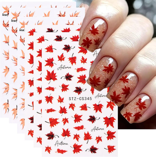 Maple Leaves Nail Stickers 6PCS Fall Maple Leaf Nail Decals 3D Self-Adhesive Red Orange Leaves Nails Design Nail Supplies Fall Stickers for Nails Thanksgiving Day Nail Decals for Women DIY Manicure