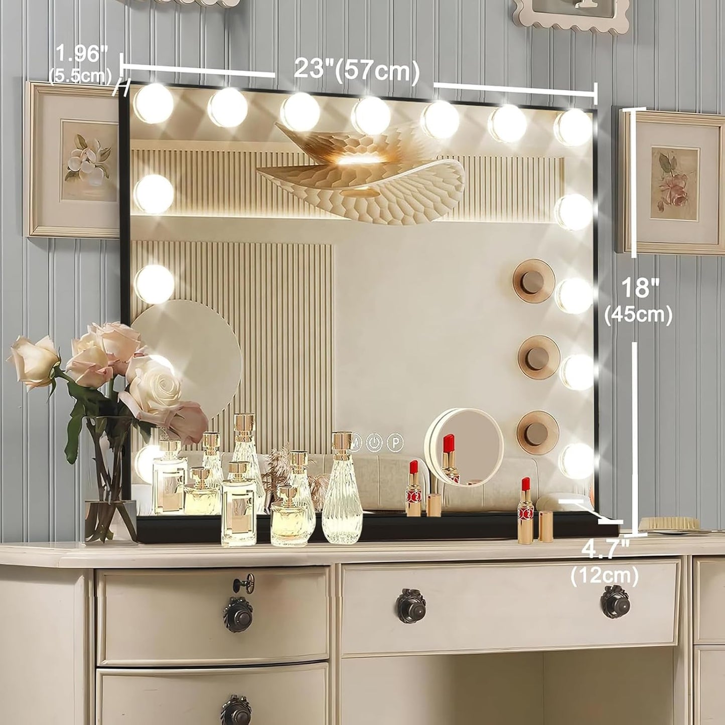 Black Hollywood Vanity Mirror with Lights, 15 Dimmable Bulbs, 3 Color Lights,Make Up Lighted Mirror, Aluminum Metal Frame, USB Charging Port（23" x 18"）