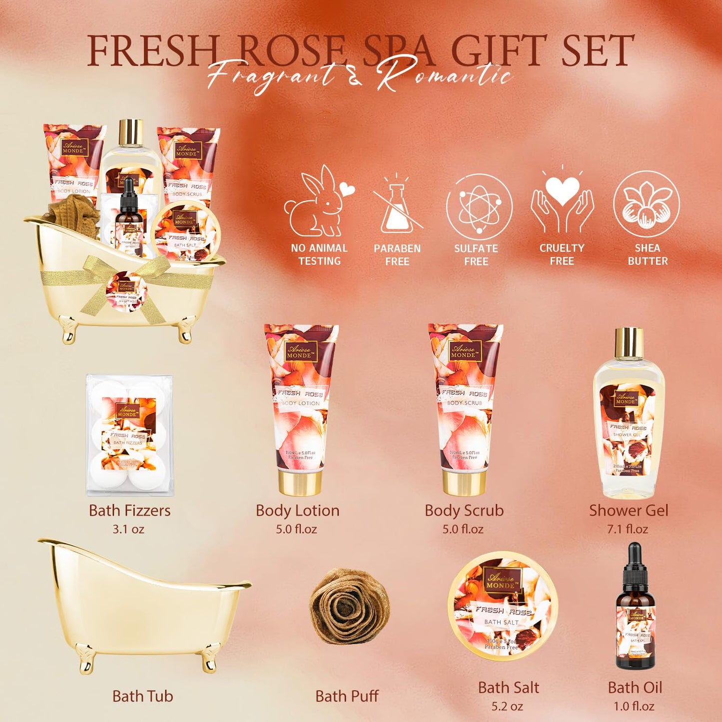 Fresh Rose Spa Gift Set for Women, 8-Piece Relaxing Bath Set with Shower Gel, Bubble Bath, Body Lotion, Self Care Gift for Any Occasion, Birthday Gifts for Women, Spa Kit for Mom Gifts