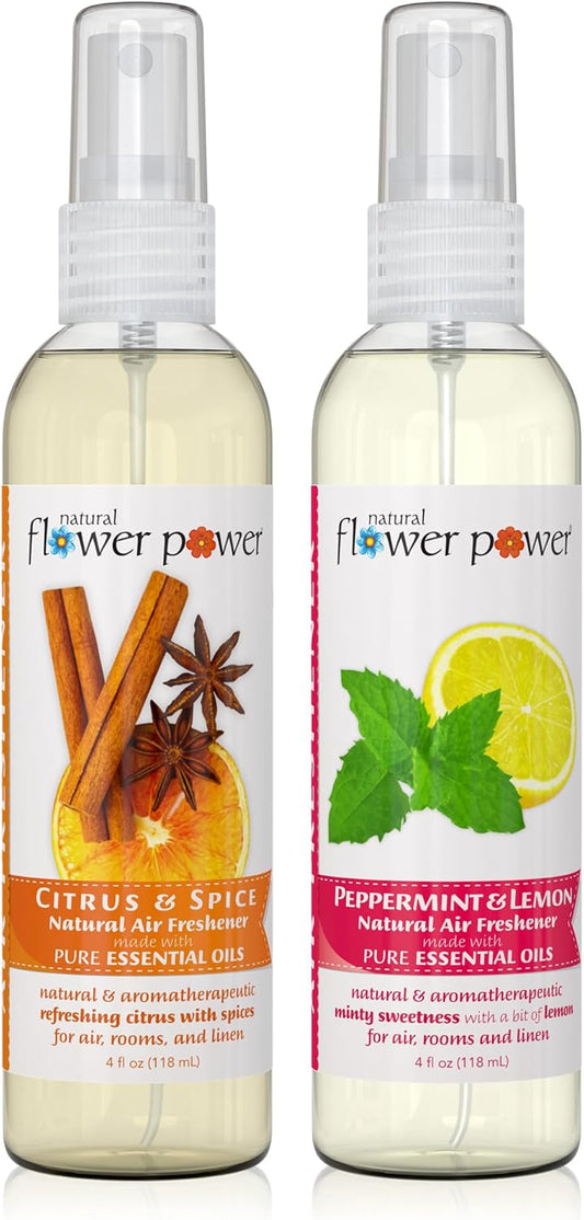 Air Freshener Spray - Odor Eliminator w/Essential Oils - Home, Car & Fabric - Cruelty Free & Vegan - Variety Pack - Citrus & Spice and Peppermint & Lemon - 2 x 4 fl oz