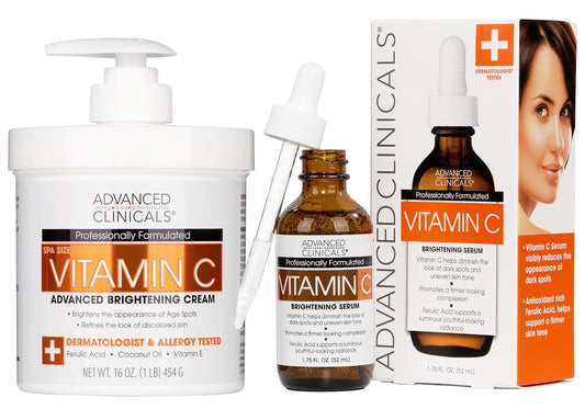 Advanced Clinicals Vitamin C Cream + Vitamin C Serum 2PC Skincare Set | Brightening Body Lotion & Facial Serum For Women & Men Helps Diminish Appearance Of Dark Spots, Wrinkles, & Uneven Skin Tone