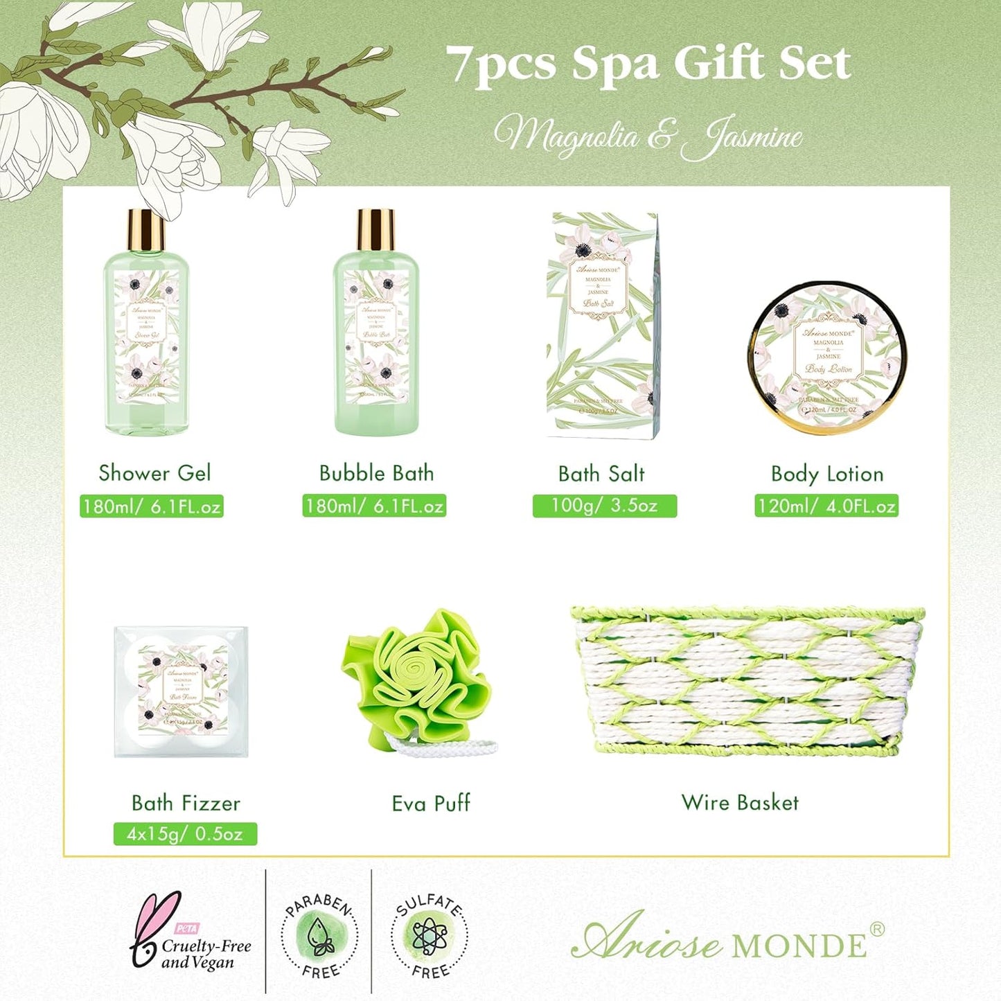 Spa Gifts for Women, Bath Sets, 7Pcs Spa Gift Set w/Shower Gel, Bubble Bath, Bath Salts, Bath Bomb, Body Lotion, Christmas Gifts for Women, Magnolia & Jasmine Bath Set