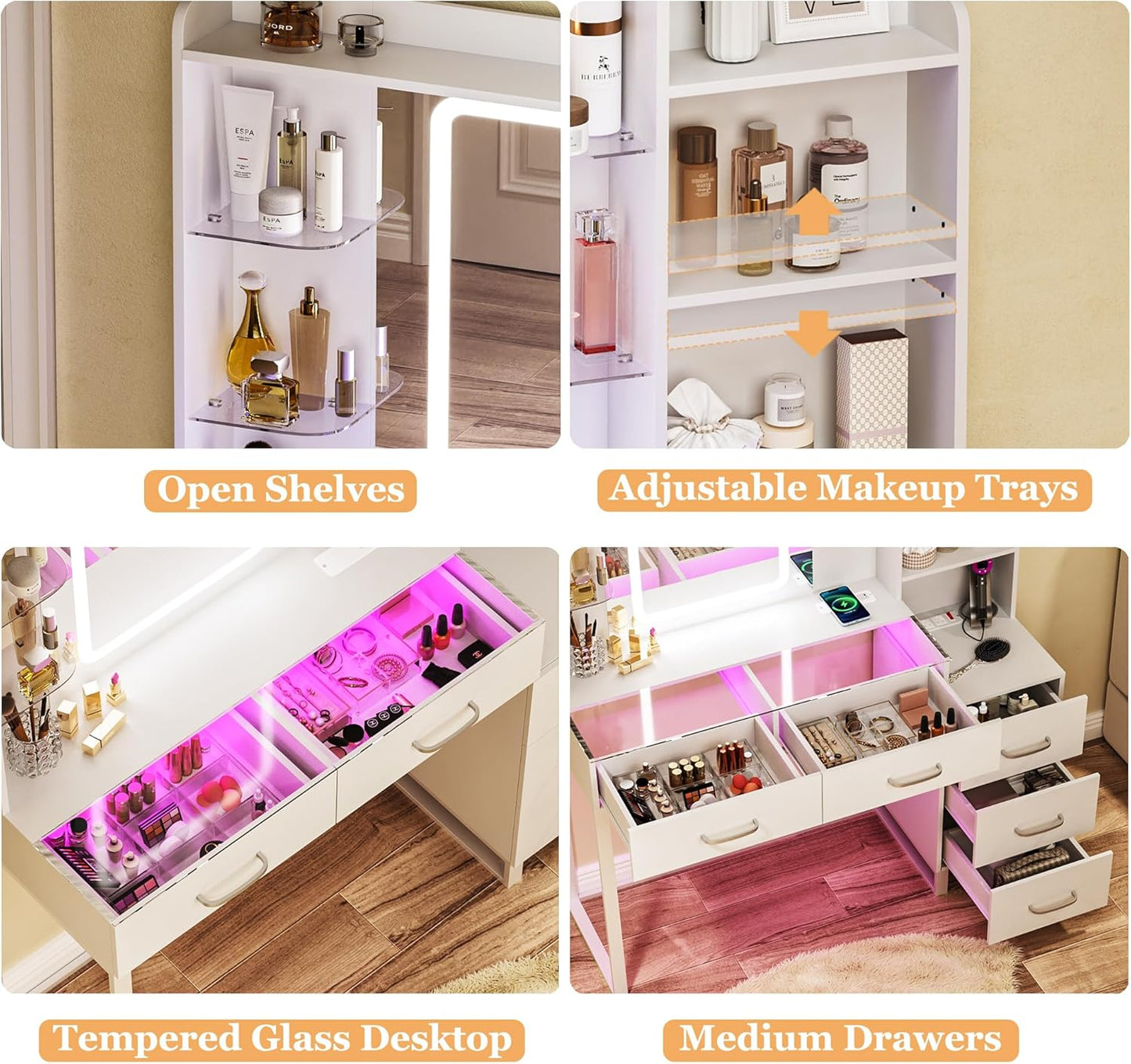 Vanity Desk with Mirror and LED Lights, 43" Makeup Vanity with Glass Top & Wireless Charging, Vanity with RGB Drawers, 3 Colors Light, Power Outlet Safety Switch for Bedroom, White