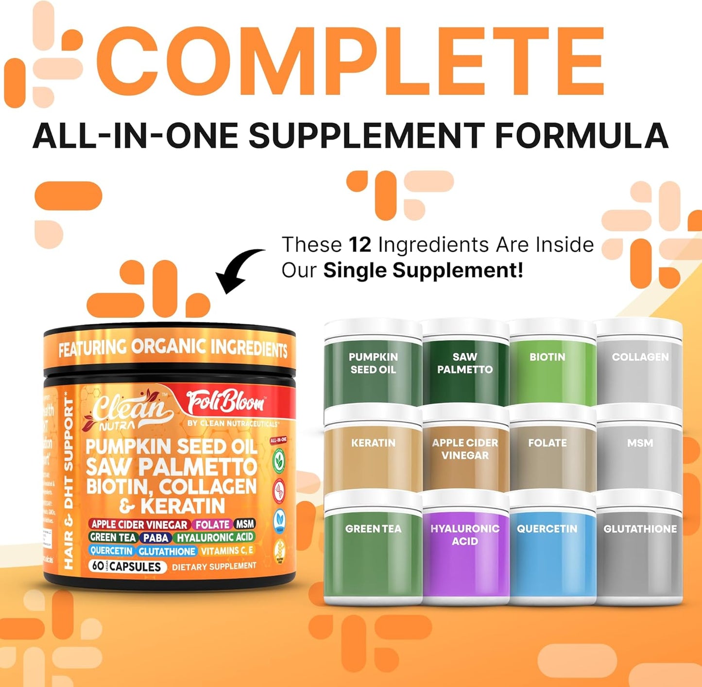 Clean Nutra Pumpkin Seed Oil Saw Palmetto Biotin Collagen Keratin MSM Folate Hyaluronic Acid Supplements B12 Zinc Hair Supplement for Women Men Iodine 5-MTHF B-12 Vitamin B9-60 Vegan Capsules Count