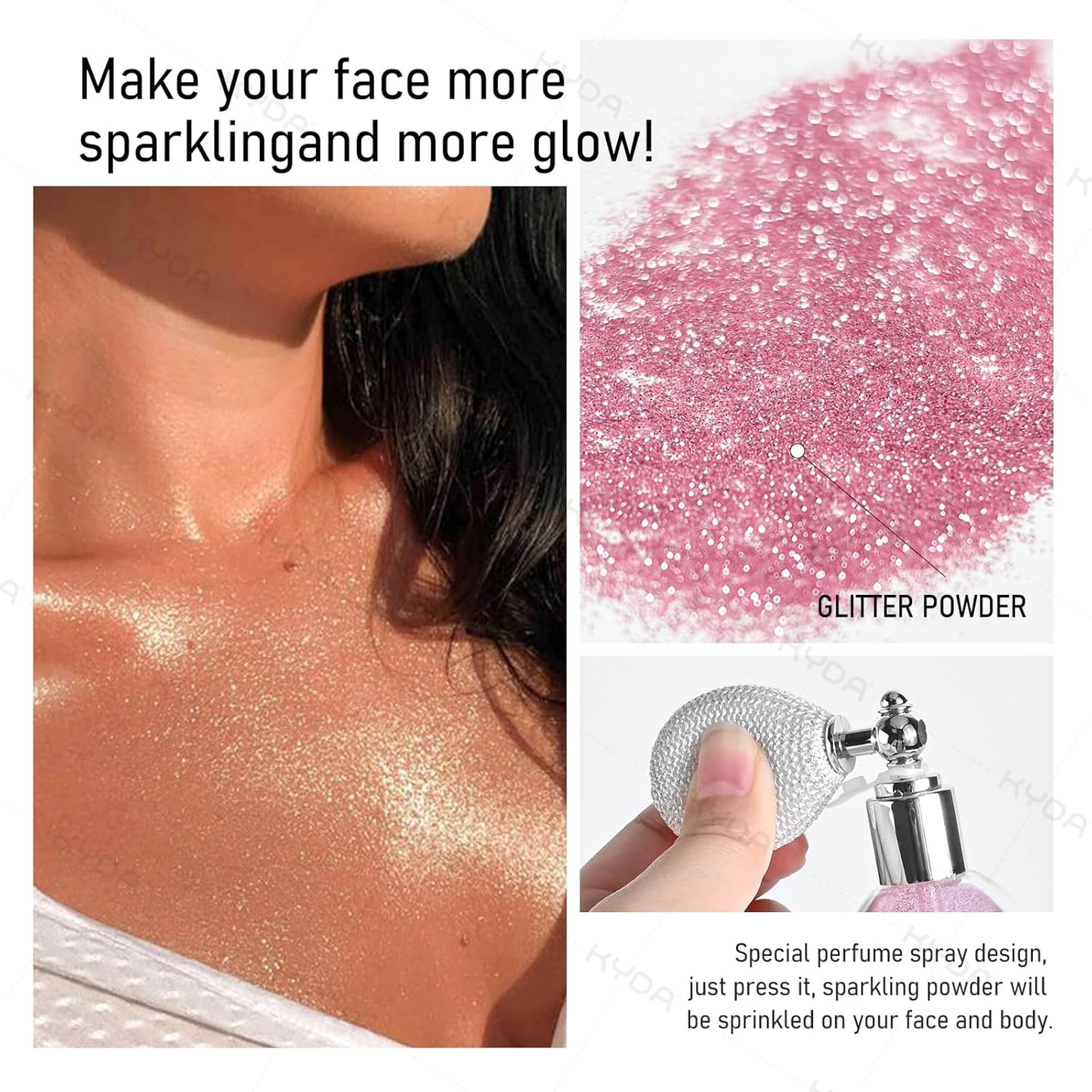 KYDA Highlighter Powder Spray, High Glossy Shimmer Sparkling Powder for Face and Body Glitter Makeup, Body Glitter Spray, Rose Red
