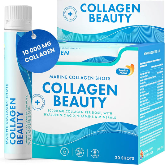 Swedish Nutra - Collagen Beauty | 10,000 mg Hydrolyzed Marine Collagen Liquid Supplement - 20 x 25 ml Daily Shots | Hyaluronic Acid and Vitamin C to Support Healthy Hair, Skin, Nails | Sugar-Free