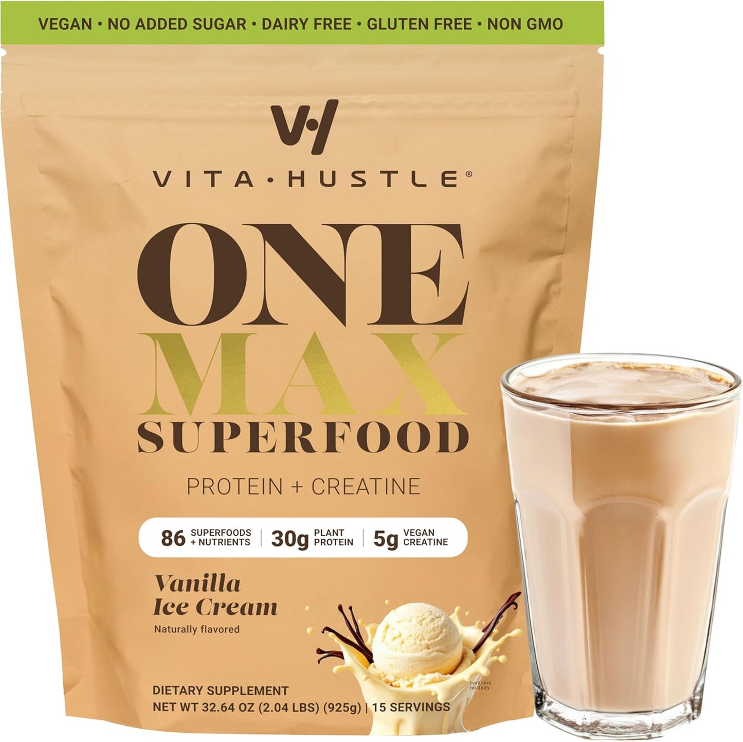 VitaHustle ONE Max Protein Powder, 30g Plant Protein + 5g Creatine, All-in-One Meal Replacement Shake with Greens, Adaptogens, Ashwagandha, Probiotics & Vitamins – Vanilla Ice Cream, 15 Servings