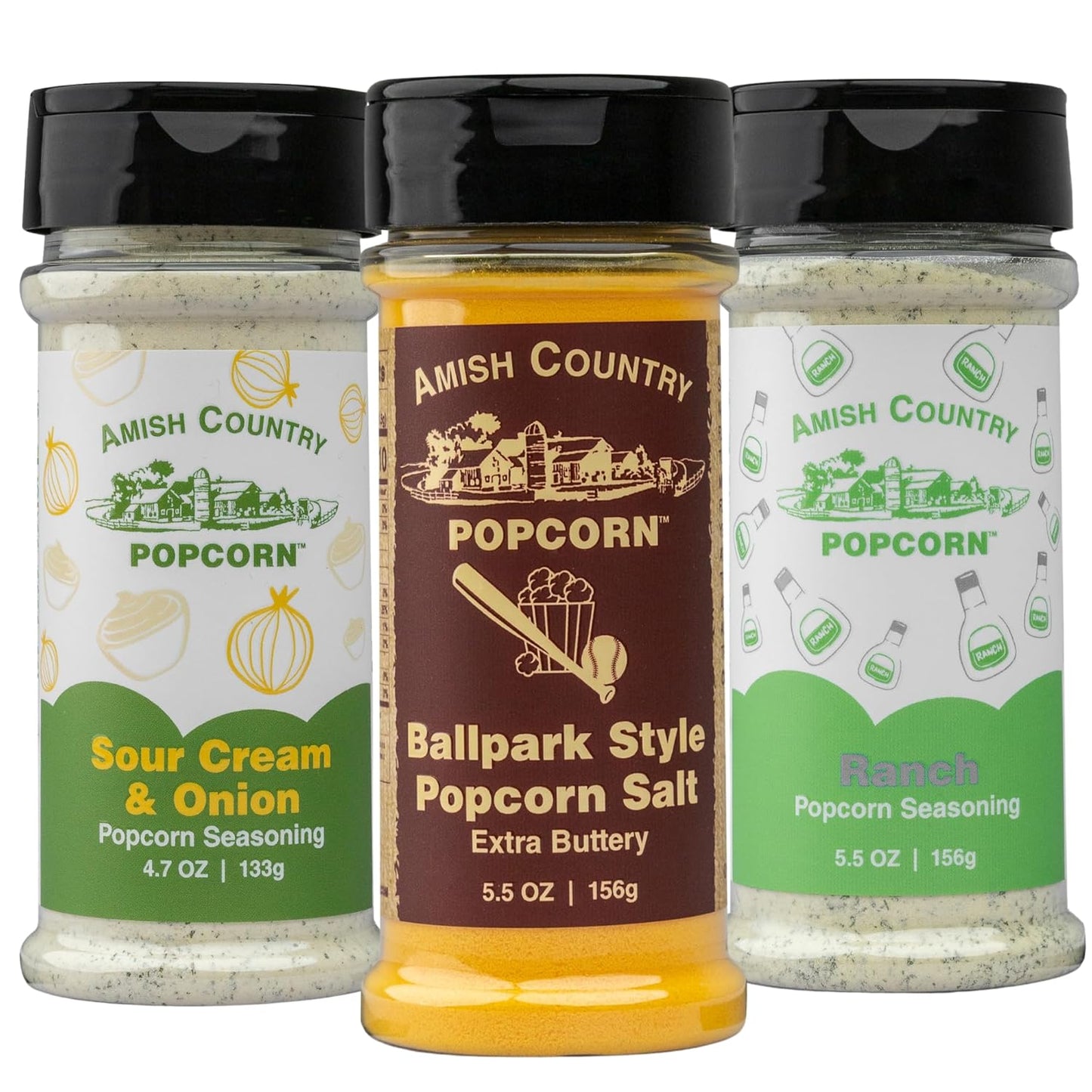 Amish Country Popcorn | Seasoning Variety Pack | Ballpark Style ButterSalt - 5.5 oz, Ranch - 5.5 oz & Sour Cream and Onion - 4.7 oz Popcorn Seasoning | Old Fashioned, Non-GMO and Gluten Free