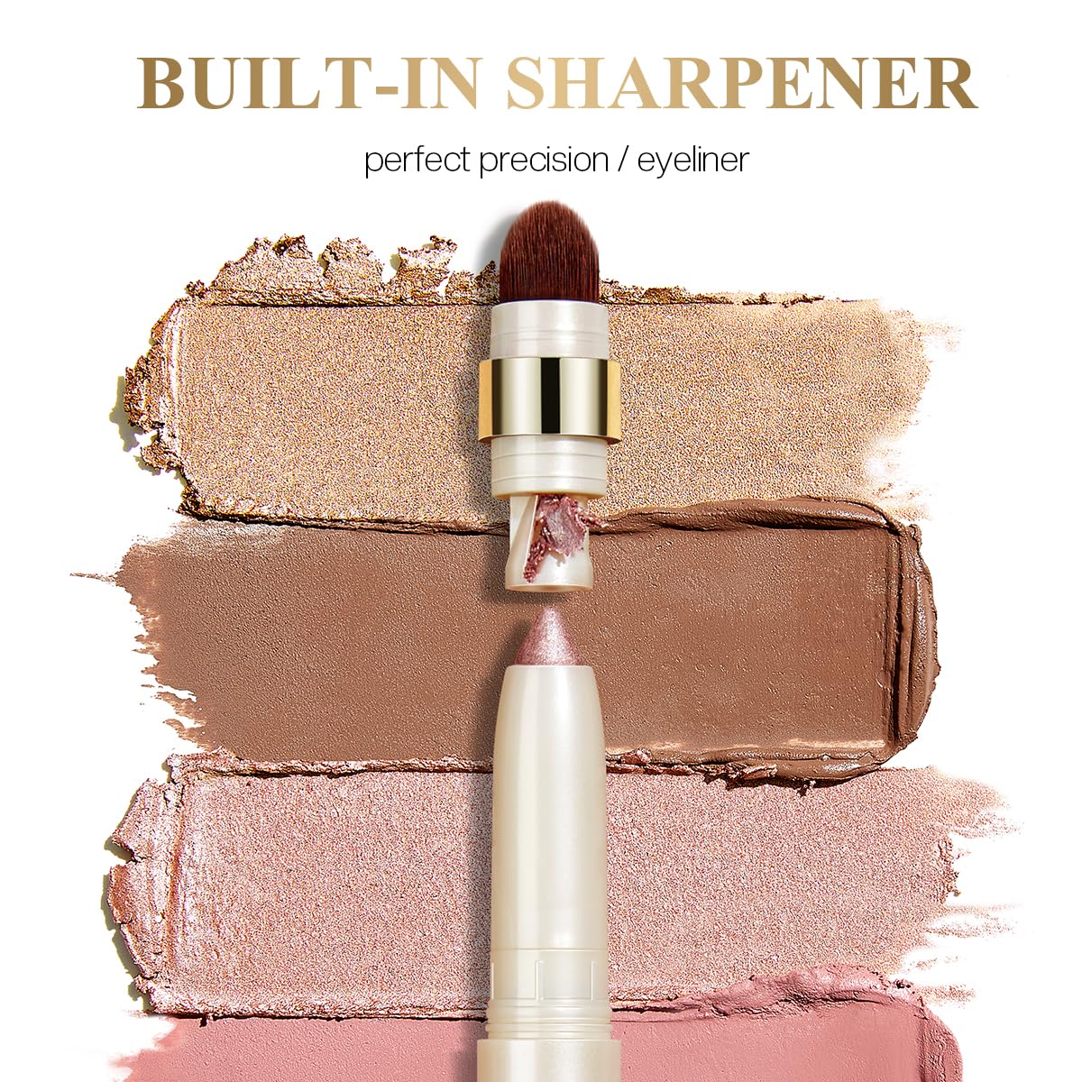 Eyeshadow Makeup Stick, Cream Shimmer, Eyeshadow Highlighter Makeup Eye Brightener Pencil Sticks Cosmetics, with Built-in Brush and Sharpener