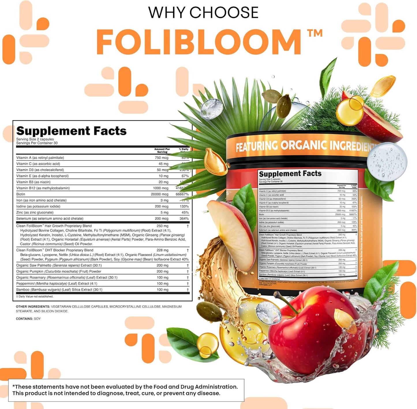 Clean Nutra Pumpkin Seed Oil Saw Palmetto Biotin Collagen Keratin MSM Folate Hyaluronic Acid Supplements B12 Zinc Hair Supplement for Women Men Iodine 5-MTHF B-12 Vitamin B9-60 Vegan Capsules Count