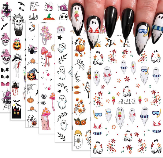 Halloween Nail Stickers Fall Nail Decals Ghost Pumpkin Floral Mushroom Designs Autumn Stickers DIY Nail Art Decoration Holiday Nails Art Supplies 7Pcs