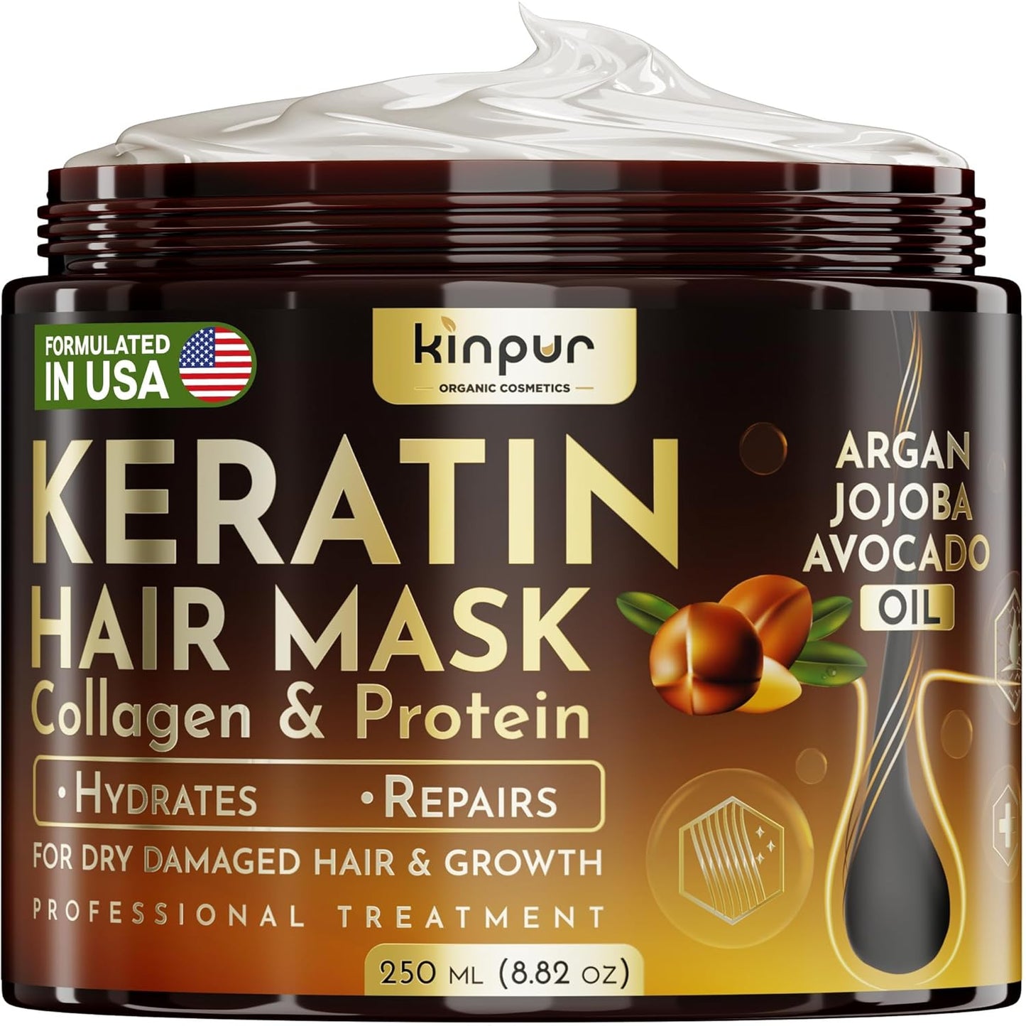 Keratin Hair Mask for Dry, Damaged or Long Hair - Deep Conditioner Masque with Protein, Coconut, Jojoba & Avocado Oil – Collagen Treatment for Hair Growth & Hydration, Split Ends Repair, Color-Safe