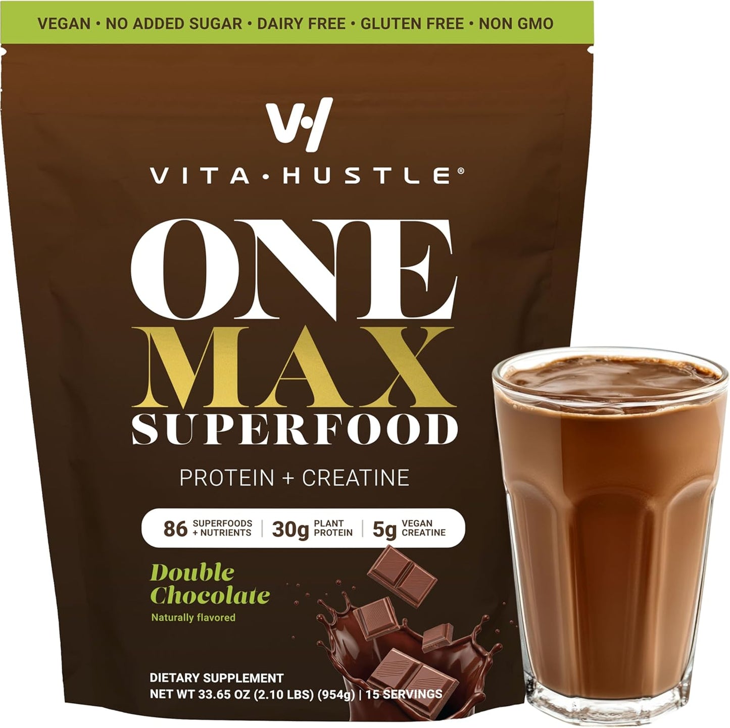 VitaHustle ONE Max Protein Powder, 30g Plant Protein + 5g Creatine, All-in-One Meal Replacement Shake with Greens, Adaptogens, Ashwagandha, Probiotics & Vitamins – Double Chocolate, 15 Servings