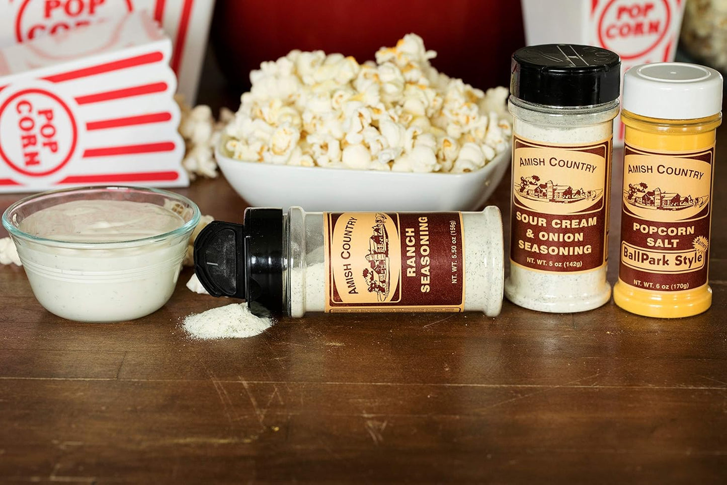 Amish Country Popcorn | Seasoning Variety Pack | Ballpark Style ButterSalt - 5.5 oz, Ranch - 5.5 oz & Sour Cream and Onion - 4.7 oz Popcorn Seasoning | Old Fashioned, Non-GMO and Gluten Free