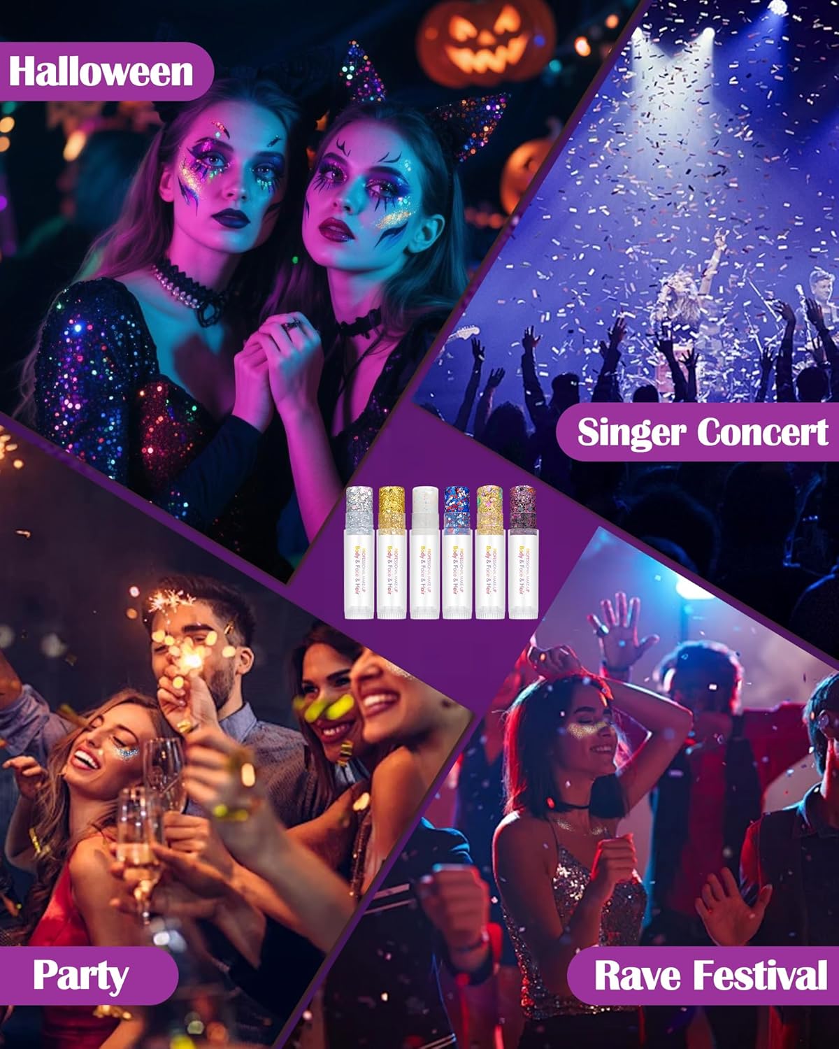 Body Glitter Stick, Waterproof Long Lasting Sparkling Face Shimmer Makeup, Singer Concerts Disco Music Halloween Festival Rave Accessories, Holographic Chunky Sequins Hair Stick,Gift for Women girl-14