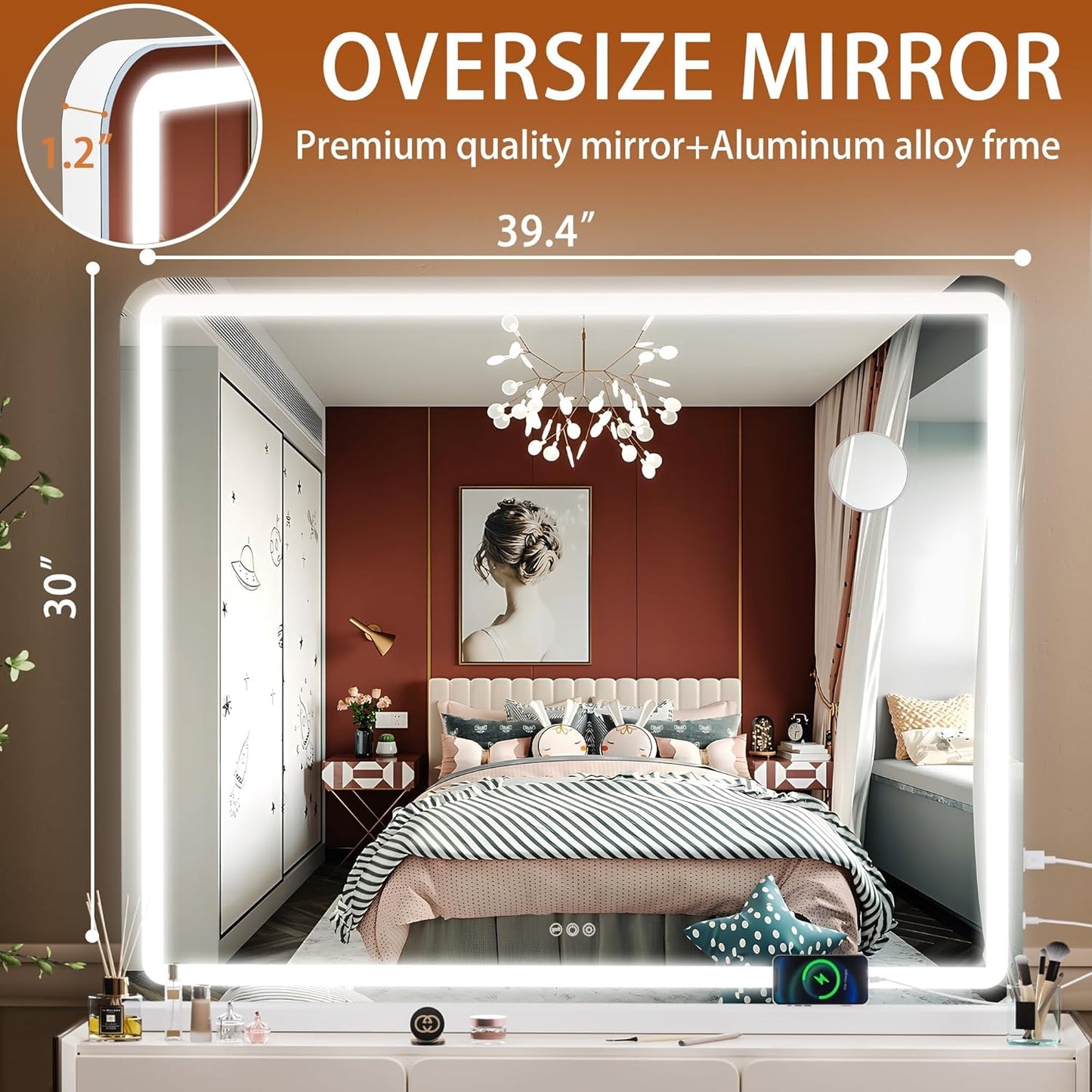 Hasipu Vanity Mirror with Lights, 39.4" x 30" LED Makeup Mirror, Lighted Makeup Mirror with Dimmable 3 Modes, Touch Screen Control Vanity Mirror Round White