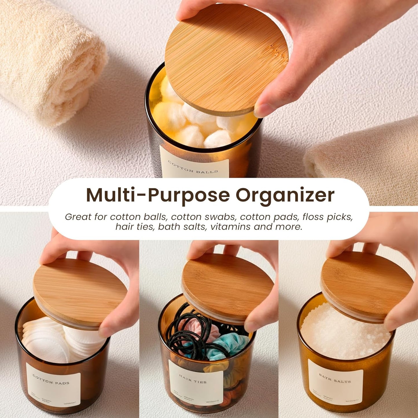 MaisoNovo Qtip Holder Bathroom Set – Airtight Cotton Ball Holder with Lid to Store Cotton Rounds, Swabs, Floss Picks, Hair Ties with free labels pack - 2 Amber Jars with Bamboo Lids