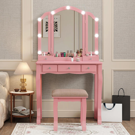 Vanity with Lights Girls Vanity Desk Set with Drawers Makeup Vanity Desk with Mirror and Lights Make Up Pink Makeup Vanity for Girls Table with Stool
