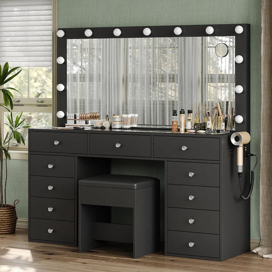 11 Drawers Makeup Vanity with Charging Station, Vanity Desk with 13 LED Bulbs and HD Mirror, 3 Color Brightness Adjustable, Glass Top Vanity Set for Bedroom, Black